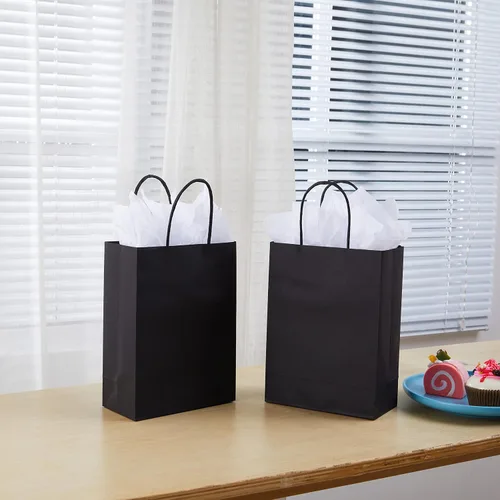 Vista 6 de SUNCOLOR Paquete de 24 bolsas pequeñas de regalo negras de 9 pulgadas con asas para bolsas de regalo de fiesta de Halloween