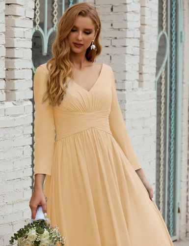 Vista 4 de nightbubo Vestido de dama de honor para mujer, manga larga, cuello en V, vestido formal de gasa para boda