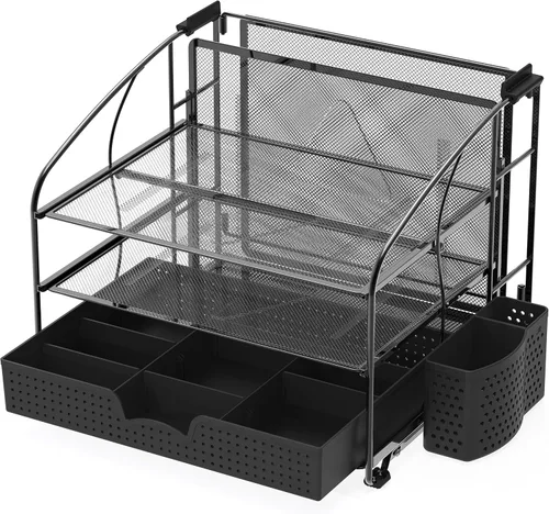 Vista 6 de Simple Houseware - Organizador de escritorio de 3 niveles con cajón deslizante, soporte para archivos colgantes y accesorio para porta lapices, Negro