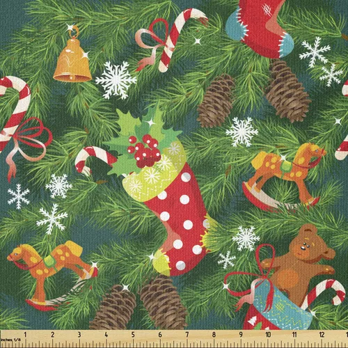 Vista 42 de Ambesonne Tela Navideña por Yarda, Tema Navideño Colorido Vivo Piñas de Pino Ramas Hombre de Jengibre Imagen de Bayas Estampada, Tela de Punto