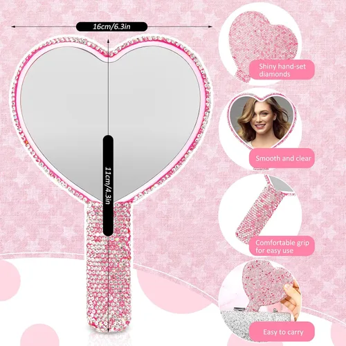 Vista 2 de Thyle Juego de 4 piezas de espejo de mano con diamantes de imitación y cepillo para el cabello, 2 bonitos espejos en forma de corazón, 2 cepillos