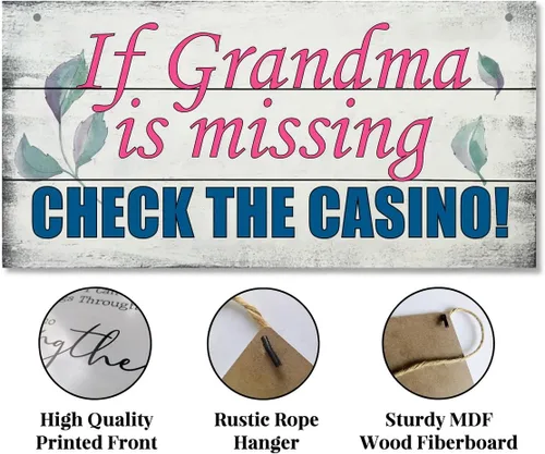 Vista 5 de Letrero de madera con texto en inglés "If Grandma is Missing Check The Casino", divertido letrero de madera para colgar en el hogar, perfecto
