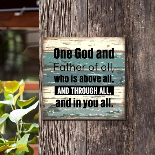 Vista 4 de SILYHEART One God and Father of All Wood Framed Sign Hanging Wall Art Sign Classic Lettering Quotes Wood Wall Hanging Decoration for Bedroom Living