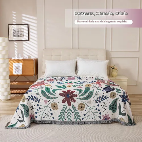 Vista 4 de VANJOROY Cobija fina bohemia, 100% algodón tejido a mano sudoccidental con decoración floral de granja reversible, cobija para todas las estaciones