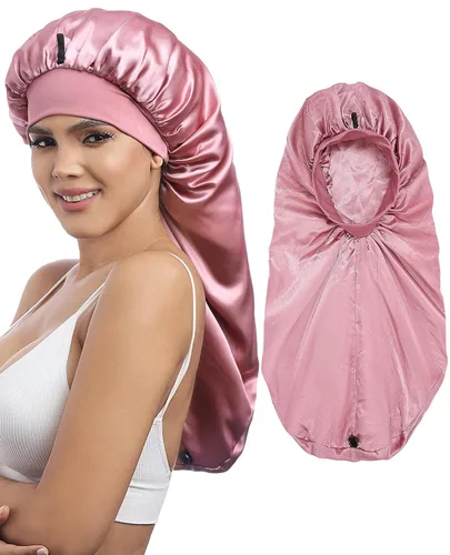 Vista 12 de AWAYTR Gorro largo de satén para mujer, gorro de seda de 2 capas para trenzas, gorro de dormir elástico con gorro de noche de banda ancha (negro)