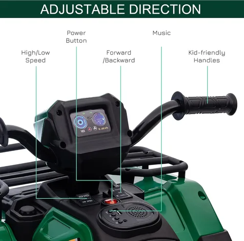 Vista 4 de Aosom Quad ATV eléctrico de 12 V para niños, vehículo de 4 ruedas, 4 km/h, con faro, música, MP3, neumáticos con tracción, batería, para niños de 3