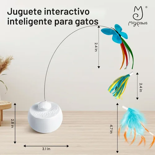 Vista 5 de Migipaws Juguetes interactivos para gatos, juguete de mariposa y plumas, bola giratoria automática para gatos aburridos de interior, sensor táctil