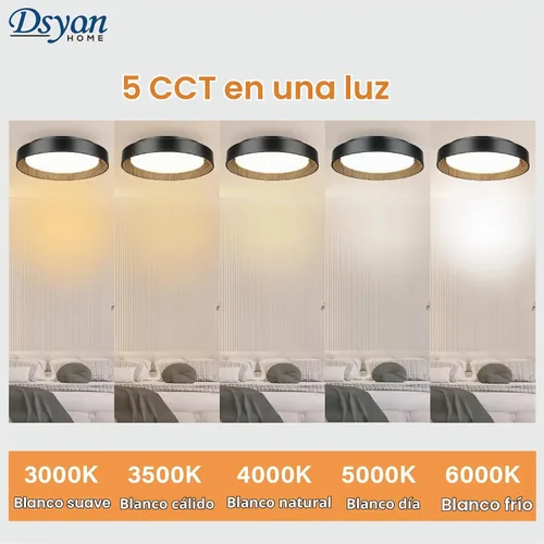 Vista 4 de Lámpara de techo empotrada con acento de madera, LED de 13 pulgadas, color negro, con veta de madera, 24 W, regulable 5CCT lámpara de techo