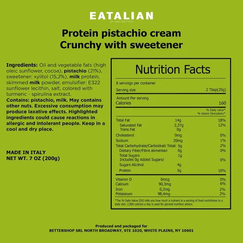 Vista 2 de EATALIAN by AMZ BETTER Crema de proteína de pistacho crujiente untable 7 oz/200 gr, crema de pistacho con granos, pasta de proteínas, sabor dulce