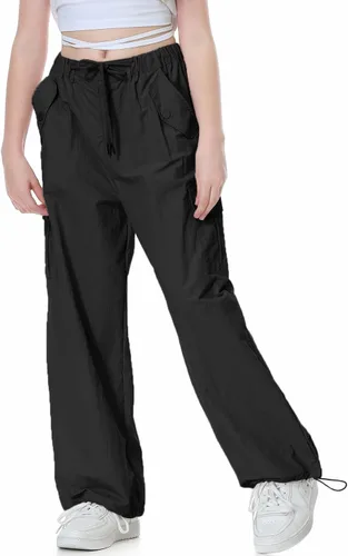 Vista 5 de Rolanko Pantalones de paracaídas para niñas, pantalones cargo Y2K con bolsillos, pantalones deportivos Harajuku para niños de 4 a 14 años