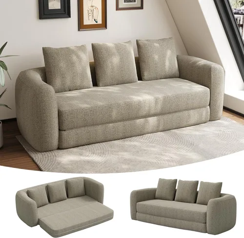 Vista 10 de Sofá curvado de 90.8 pulgadas para sala de estar, moderno y cómodo sofá de felpilla de 3 plazas sin hueso, asiento extra profundo y ancho con 2 Beige