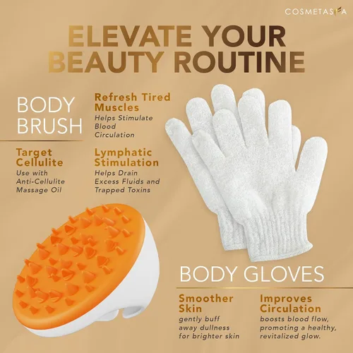 Vista 5 de Cosmetasa Kit de aceite de masaje – Aceite de masaje anticelulitis con café arábica orgánico exfoliante facial y corporal, guantes exfoliantes