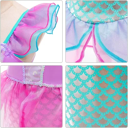 Vista 7 de Ficlwigkis Disfraz de sirena para niños vestido de fiesta de lentejuelas vestido de sirena pequeña para niñas fiesta de cumpleaños cosplay 3-10 años