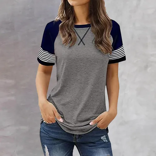 Vista 2 de Womens Summer Tops Raglan Short Sleeve Striped T-Shirts Color Block Crewneck Workout Tee Tshirts Loose Fitting Tunics