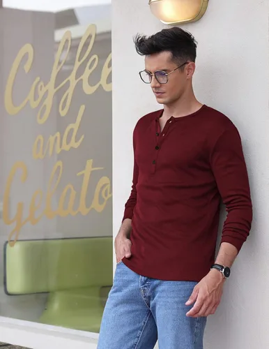 Vista 3 de COOFANDY Paquete de 2 camisetas básicas de algodón para hombre, de manga larga, ligeras, casuales, de algodón