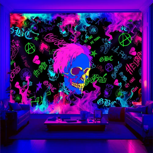 Vista 7 de PSYHILAR Blacklight Lil Peep Tapestry, Pósteres de Luz Negra para Dormitorio, Bandera UV Star Shopping Rapper (40 x 30 Pulgadas)