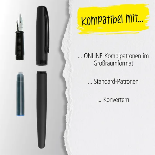 Vista 5 de Online Eleganza Fountain Pen, Metal, Pure Black Design, Nib Size M, Metal Clip, Includes Blue Ink Cartridge, Black Fountain Pen for Standard Ink