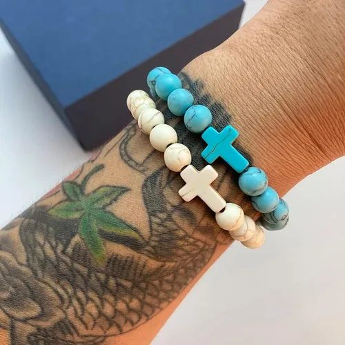 Vista 6 de Pulseras de cruz de cuentas de 0.315in para mujeres y hombres, pulsera elástica de oración para niños y niñas, regalos de cruz de amistad
