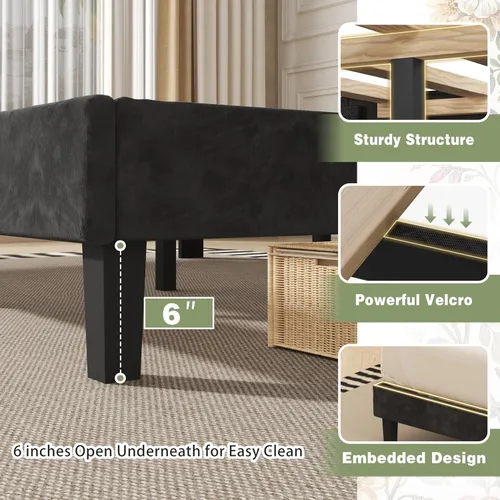 Vista 5 de SUNLEI Base de cama Queen con cabecera de almacenamiento, base de cama tapizada de terciopelo con cabecera copetuda con respaldo de alas, soporte