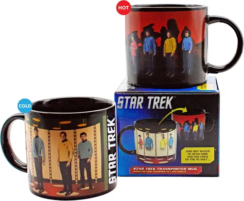 Vista 2 de Taza de café con cambio de color según temperatura con diseño de transportador Star Trek. Añada líquido caliente y Kirk, Spok, McCoy y Uhura