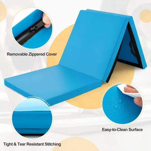 Vista 5 de Goplus Esterilla de Gimnasia Plegable, 6' x 2' x 2'' de Grosor Tri-Fold Esterilla de Ejercicio y Volteretas con Asas de Transporte, Cierre de Gancho