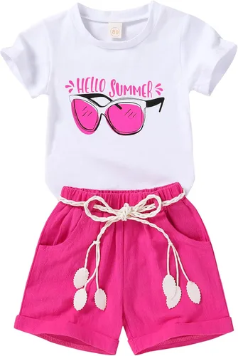 Vista 30 de YOUNGER TREE - Conjunto de ropa para bebés y niñas, camiseta de sandía y pantalones cortos de lino con cinturón, conjunto de verano lindo Abeja feliz