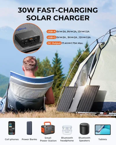 Vista 2 de Cargador de panel solar BigBlue de 30 W [Actualizado] con carga rápida USB-A y USB-C, puertos DC, SolarPowa 30 panel solar portátil, resistente al