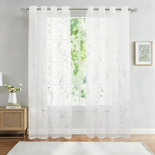 Vista 2 de BUHUA Juego de 2 paneles de cortinas traslúcidas blancas de 96 pulgadas de largo, cortinas de gasa con ojales, estampado de vid plateada, decoración