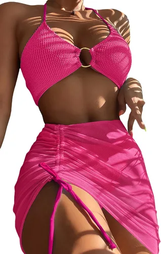 Vista 6 de MakeMeChic Traje de baño de 3 piezas para mujer con anillo halter y falda
