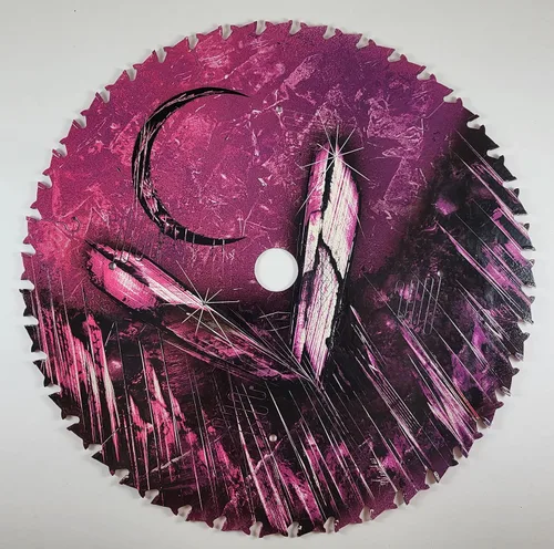 Vista 6 de Double Sided Saw blade Painting in Purple Colors of Fantasy Landscape scenes Flip Sides by artist Jason Girard