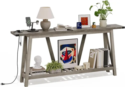 Vista 10 de Mesa de sofá extra larga de 70 pulgadas detrás del sofá, mesa de entrada industrial de 2 niveles, mesa consola de entrada estrecha con Negro