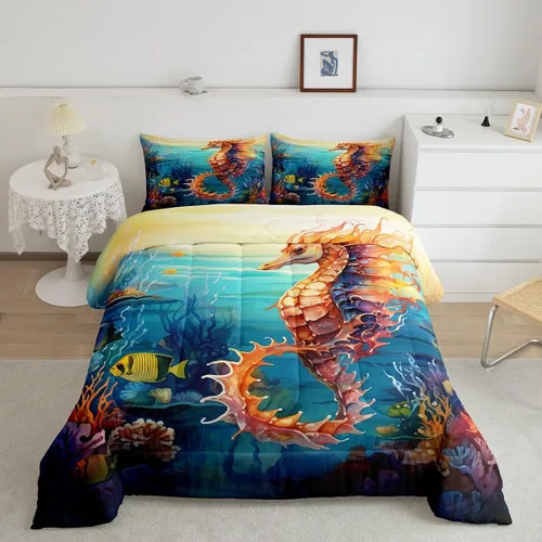 Vista 38 de Erosebridal Juego de edredón de ballena náutica, tamaño individual, juego de ropa de cama vintage azul con ondas oceánicas para niños y niñas