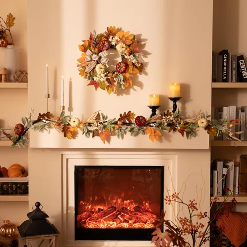 Vista 3 de Valery Madelyn Guirnalda de Otoño para Repisa de Chimenea, Guirnalda de Hojas de Oreja de Cordero de 6 pies con Luces, Calabazas Marrones, Centro