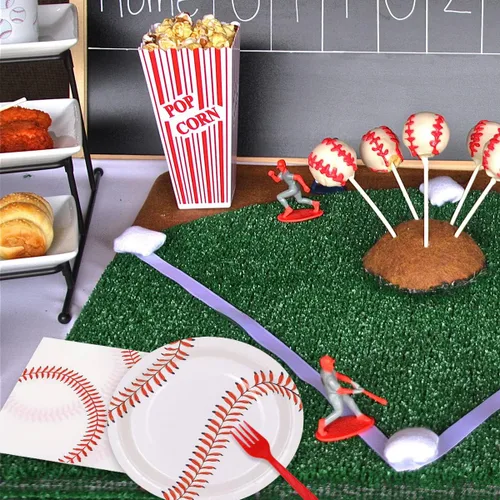 Vista 5 de WILDPARTY Juego de 96 piezas de suministros para fiesta de béisbol para 24 invitados, incluyendo platos de papel de béisbol, platos de postre