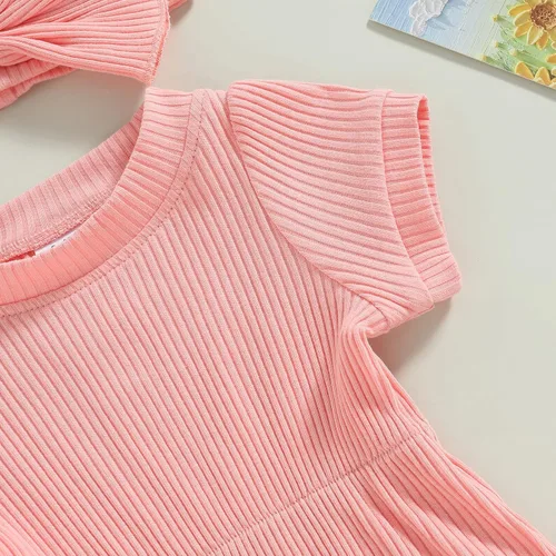 Vista 83 de Traje de verano para niña pequeña, de manga corta, acanalado, overol liso, pantalones cortos, ropa para recién nacidos
