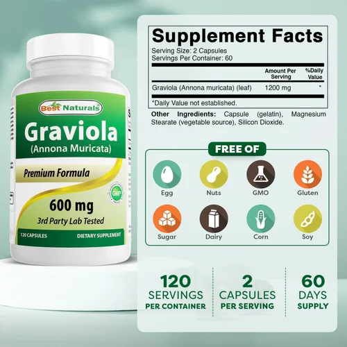 Vista 2 de Best Naturals Graviola Cápsulas Annona Muricata, 600 mg, 120
