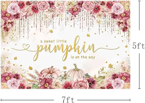 Vista 3 de MEHOFOND Fondo de otoño de 7 x 5 pies con temática de calabaza estilo bohemio para baby shower, fondo de fotos de baby shower, color rosa, burdeos