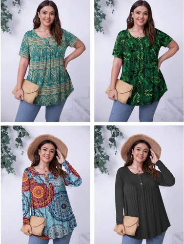 Vista 5 de BISHUIGE Blusas plisadas de manga corta con cuello en V para mujer, talla grande, estilo Henley, con botones