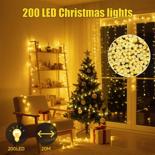 Vista 2 de Luces de Navidad con 8 modos de iluminación, 200 luces LED de 66 pies con control remoto, cadena de luces recargables para exteriores, decoraciones