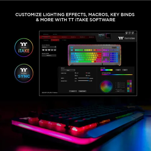 Vista 6 de Thermaltake Teclado para juegos de aluminio titanio RGB Nivel 20 Cherry MX Interruptores plateados, 16.8M Color RGB, 32 opciones de zona