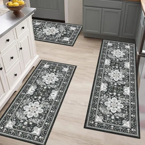 Vista 6 de Bsmathom - Juego de alfombras de cocina de estilo rústico de 3 piezas con corredor, alfombras de cocina antideslizantes y lavables, alfombras