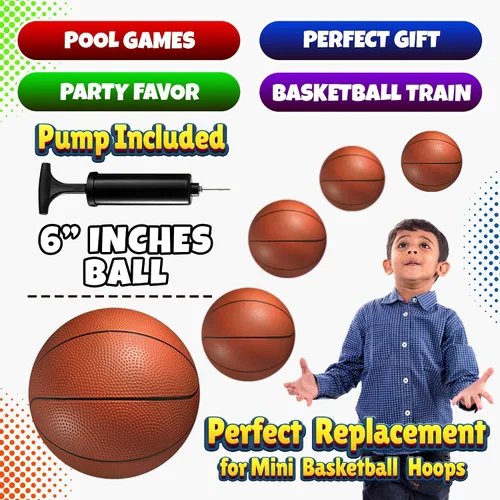 Vista 5 de Mini Basketball Set for Kids - 6 Inch (5 Pack) w/Hand Pump - Small Size Indoor Mini Hoop Balls for Toddlers - Over The Door Basketball Games, Indoor