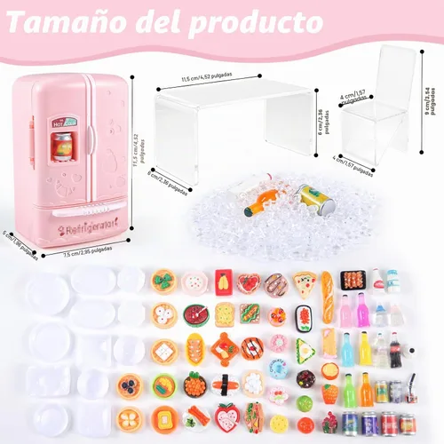 Vista 4 de 95 piezas de refrigerador de casa de muñecas en miniatura, mini nevera, mesa, coche de comedor, juguete con juego de comida, muebles de cocina