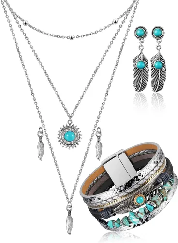 Vista 14 de 3 piezas de joyería boho occidental para mujer, conjunto de joyas de turquesa, aretes vintage, pulsera, collar bohemio occidental para mujer Negro