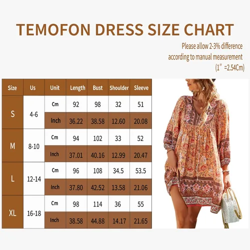 Vista 6 de TEMOFON Mini vestido bohemio para mujer verano floral 34 manga larga cuello en V fluido suelto casual vestidos de playa