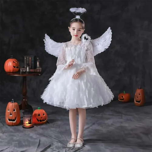 Vista 5 de Alas de ángel y halo para niños, disfraz de ángel para adultos, alas de plumas utilizadas para Halloween, disfraz de Nochebuena