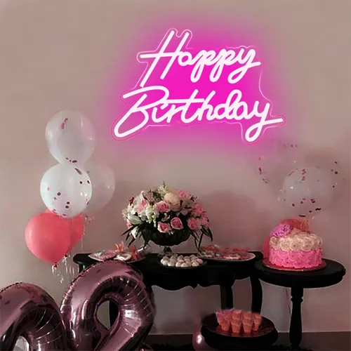 Vista 6 de Letrero LED de neón de feliz cumpleaños, luz nocturna, decoración de fiesta de cumpleaños, funciona con USB, color rosa, funciona con USB