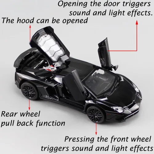 Vista 2 de iLooboo Vehículo de juguete coleccionable de aleación Aventador negro con luces y sonido