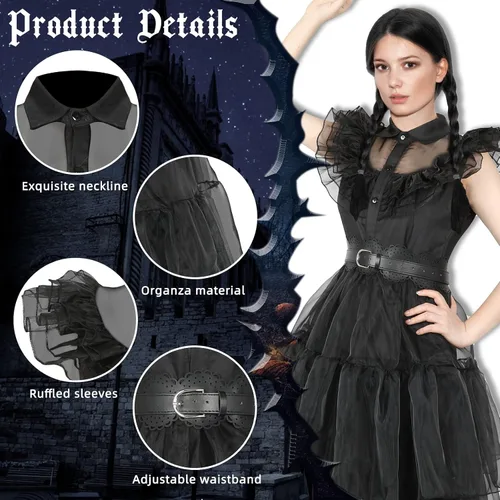 Vista 6 de Hqroidd Vestido de Wednesday Addams para mujer, disfraz de fiesta de graduación, falda de tul de malla negra con cinturón, disfraz de Halloween
