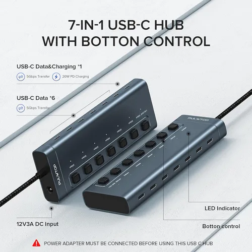 Vista 2 de Hub USB C alimentado, 7 en 1 USB C 3.2 Gen1 HUB 36W con último puerto de carga de salida PD20W, divisor USB de aluminio e interruptores individuales